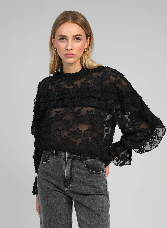 Blusa trasparente jacquard con volant