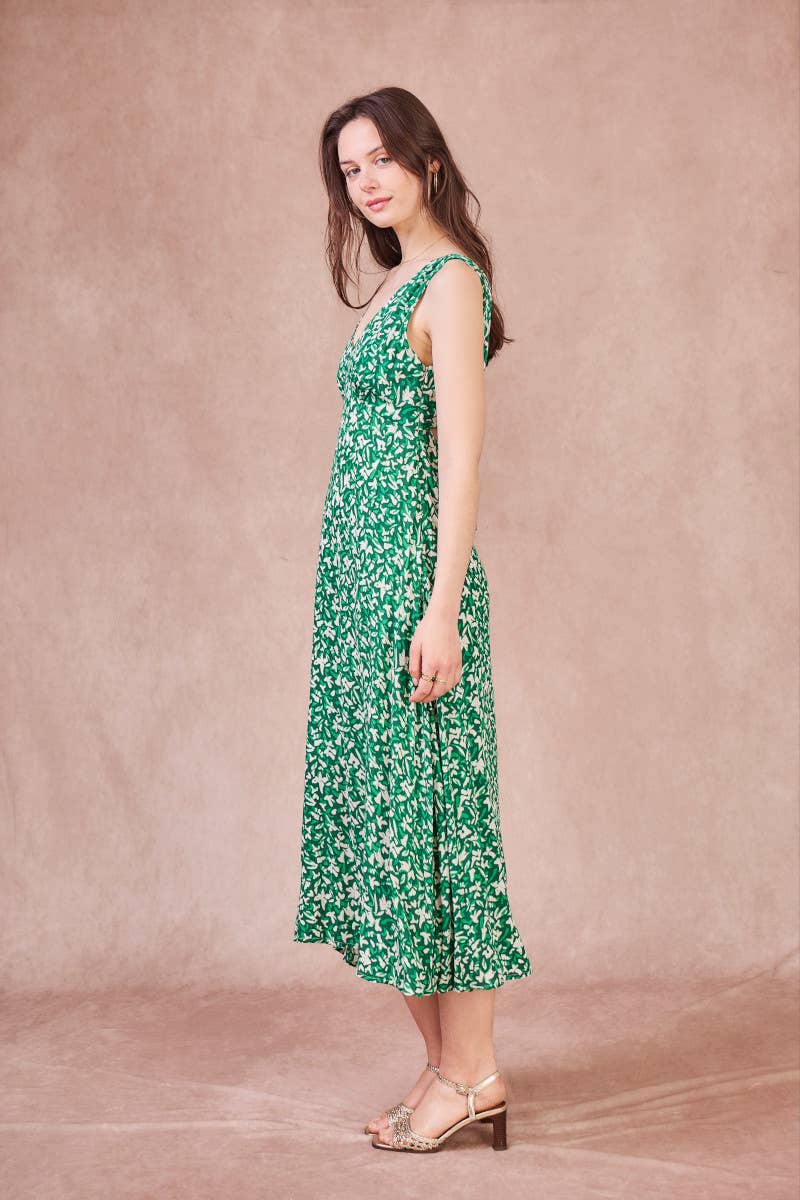 Abito lungo Rose con schiena scoperta e stampa verde