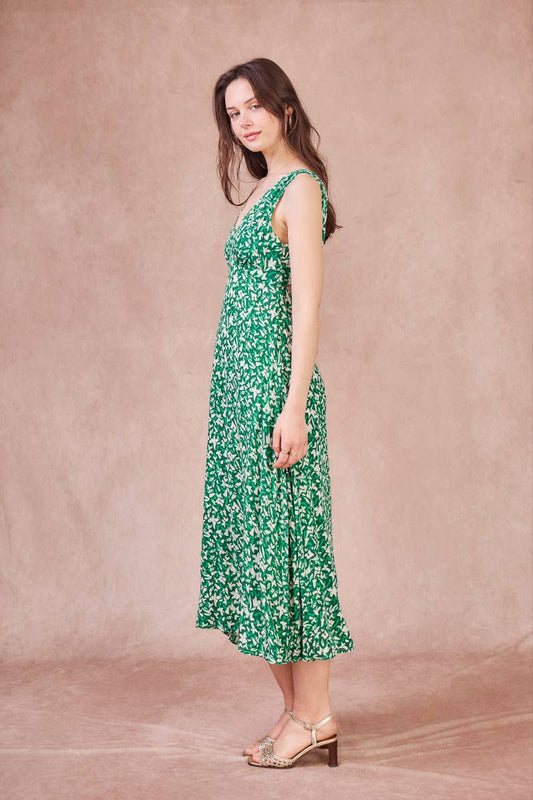 Abito lungo Rose con schiena scoperta e stampa verde