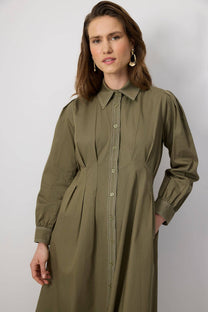 Abito camicia maxi in cotone con cuciture a contrasto e tasche