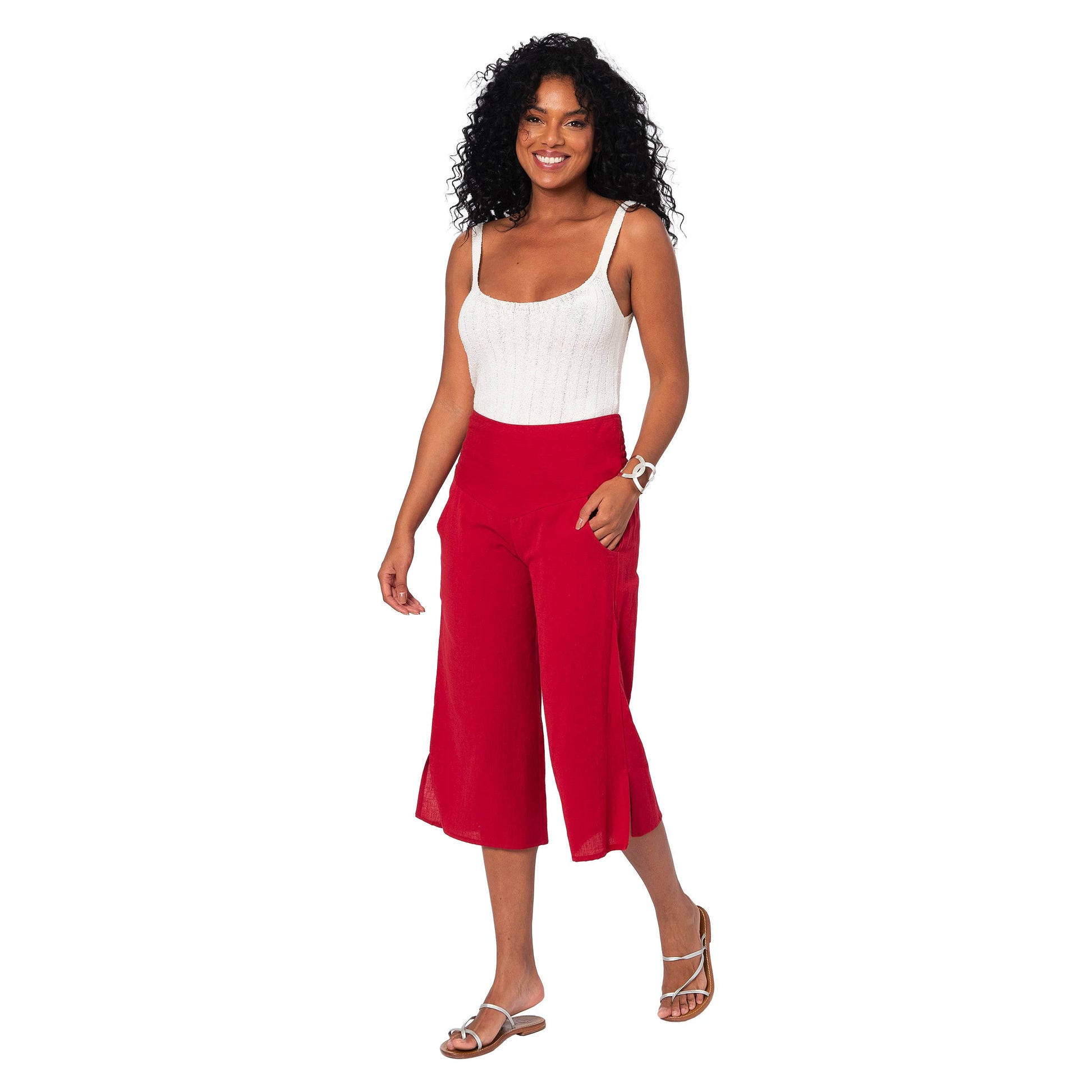 Pantaloni culotte estivi in cotone e lino bordeaux