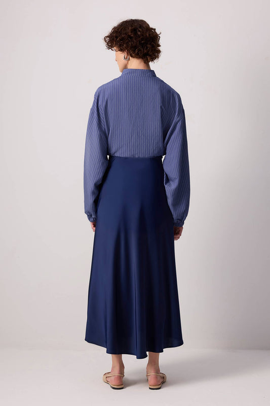 Gonna lunga in raso a linea A blu navy