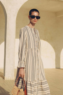 Abito chemisier maxi a righe in cotone con polsini arricciati