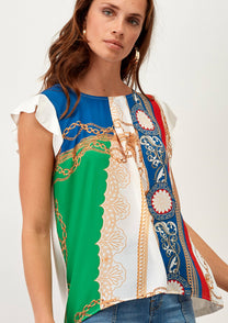 T-shirt multicolor con stampa catene e maniche volant