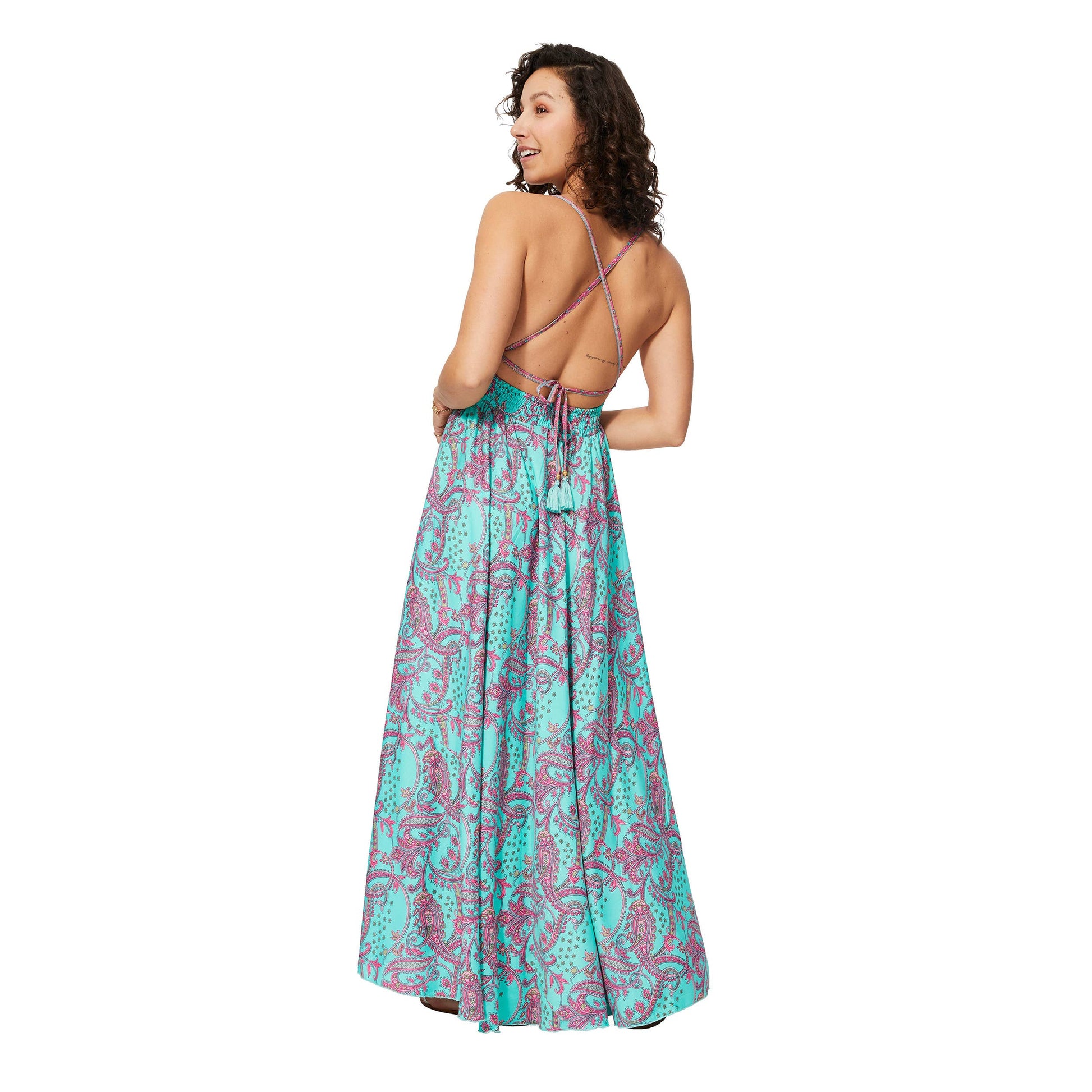 Abito lungo estivo boho senza maniche con scollo a V