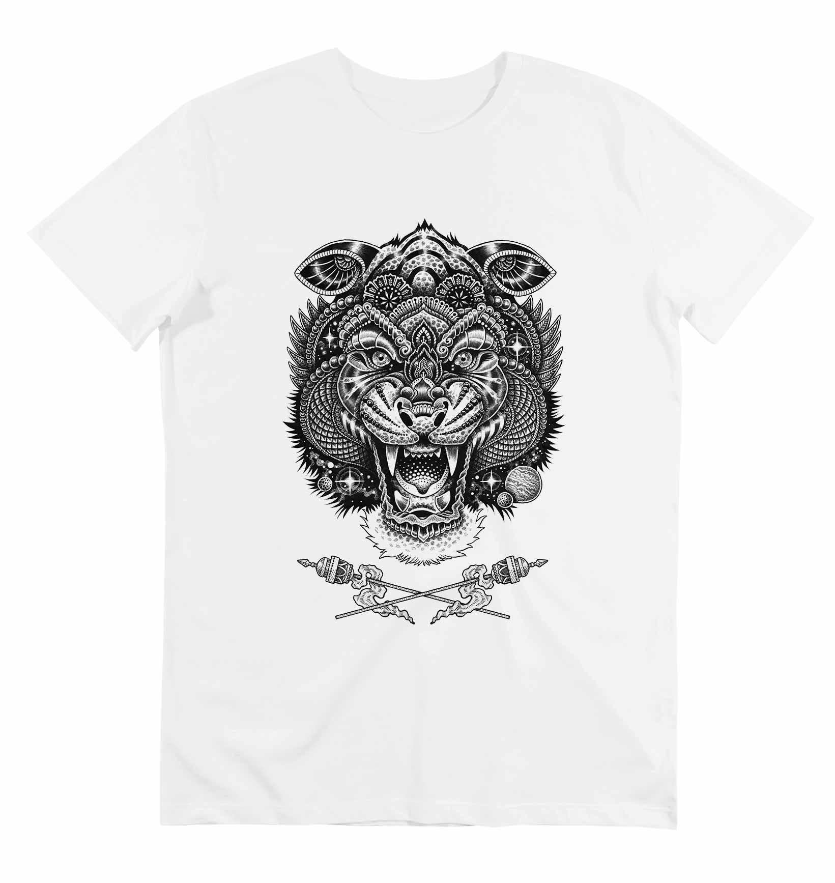 T-shirt Cosmic Tiger vintage con stampa tigre tattoo