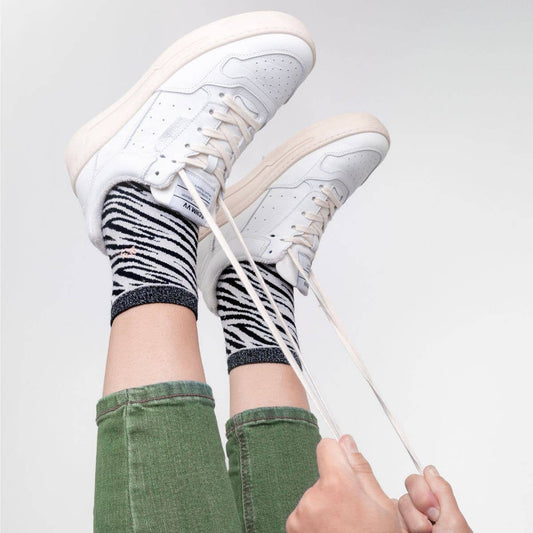 Calze zebra glitterate in cotone pettinato bianco e nero