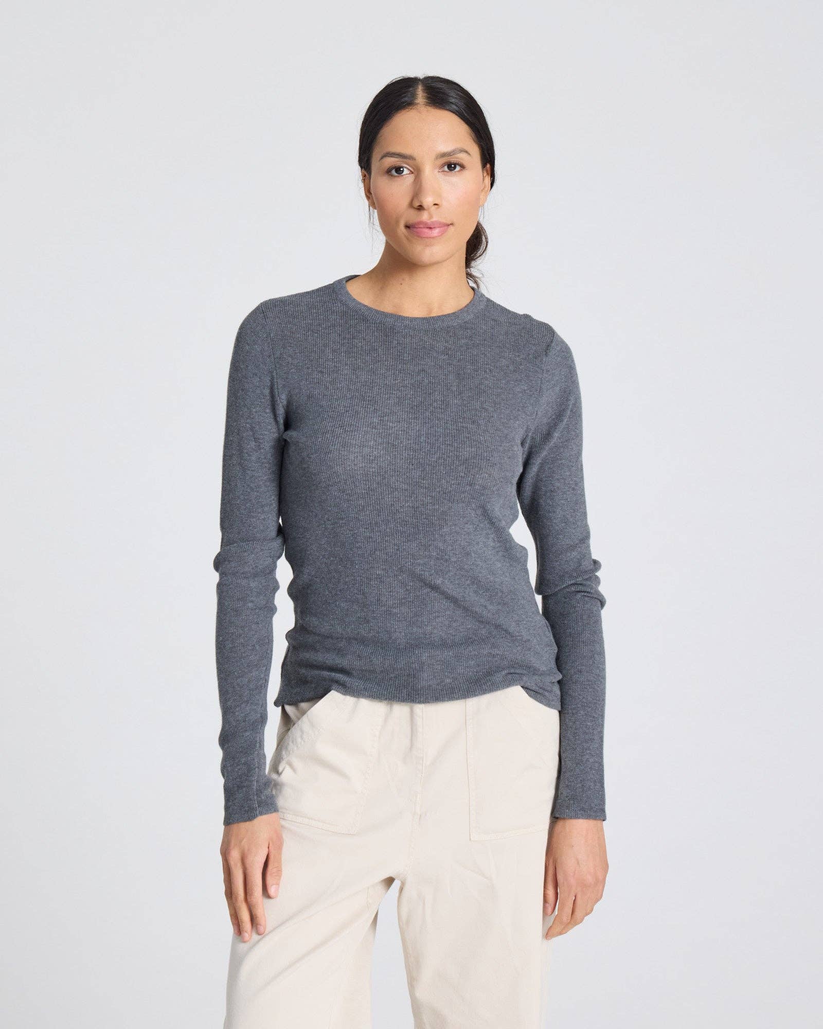 Maglia a maniche lunghe a costine in cotone biologico Freja grigio melange
