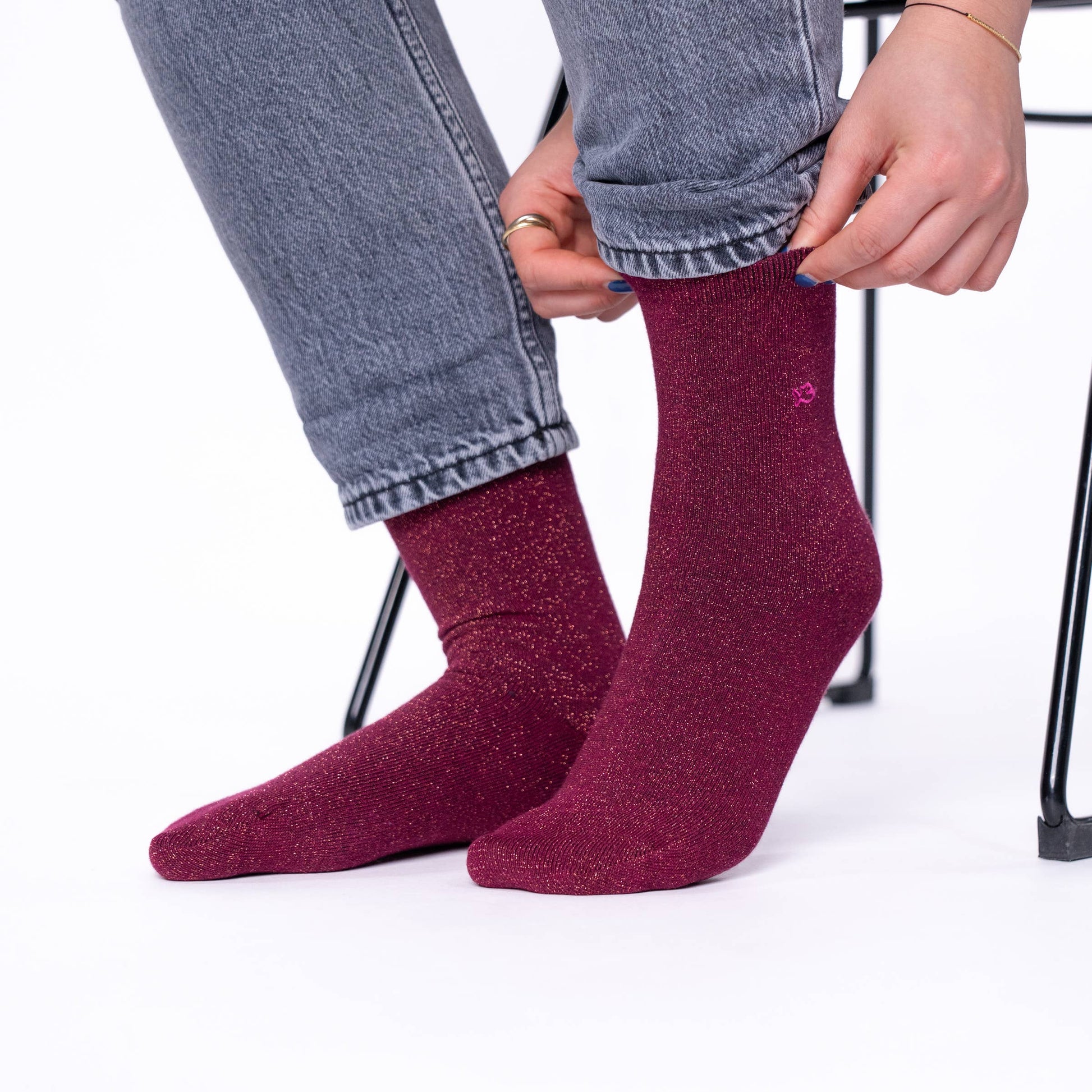 Calzini glitterati bordeaux in cotone pettinato