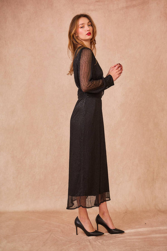 Abito lungo Dina con scollo a V e maniche trasparenti