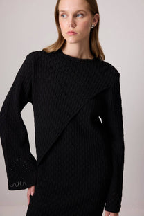 Abito lungo nero ricamato in misto cotone