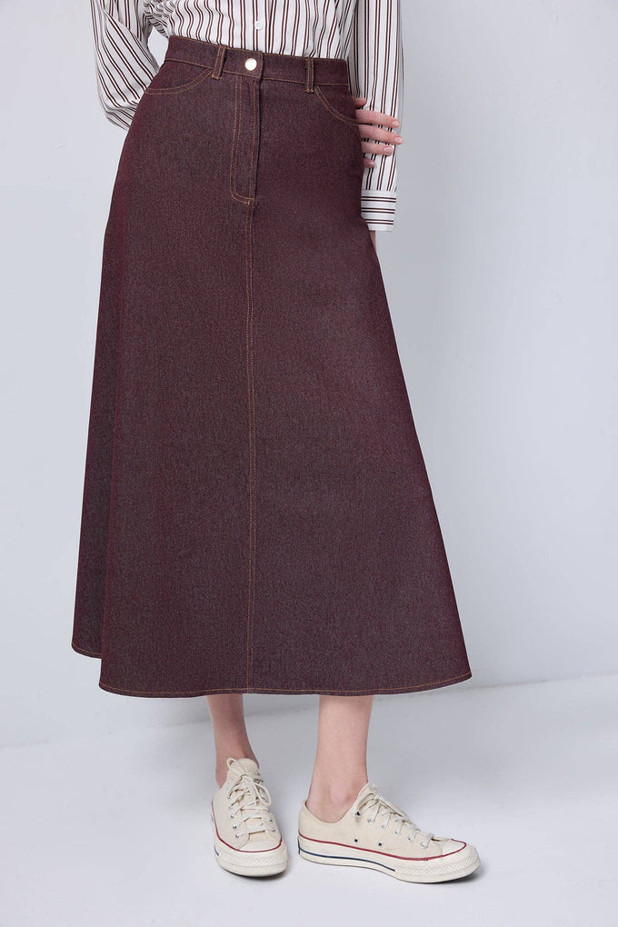 Gonna midi in denim bordeaux