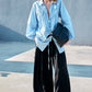 Camicia in popeline con arricciature e cuciture a contrasto
