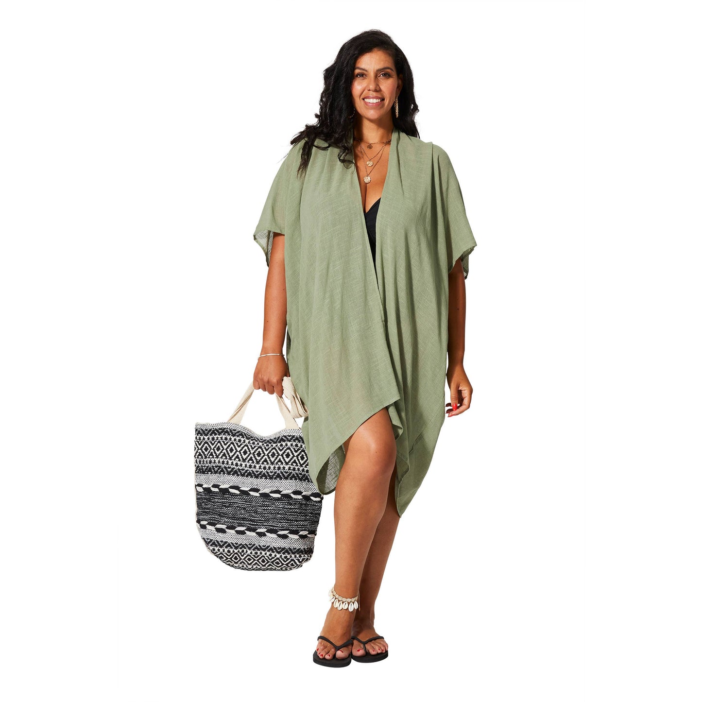 Kimono estivo midi a maniche corte in cotone verde