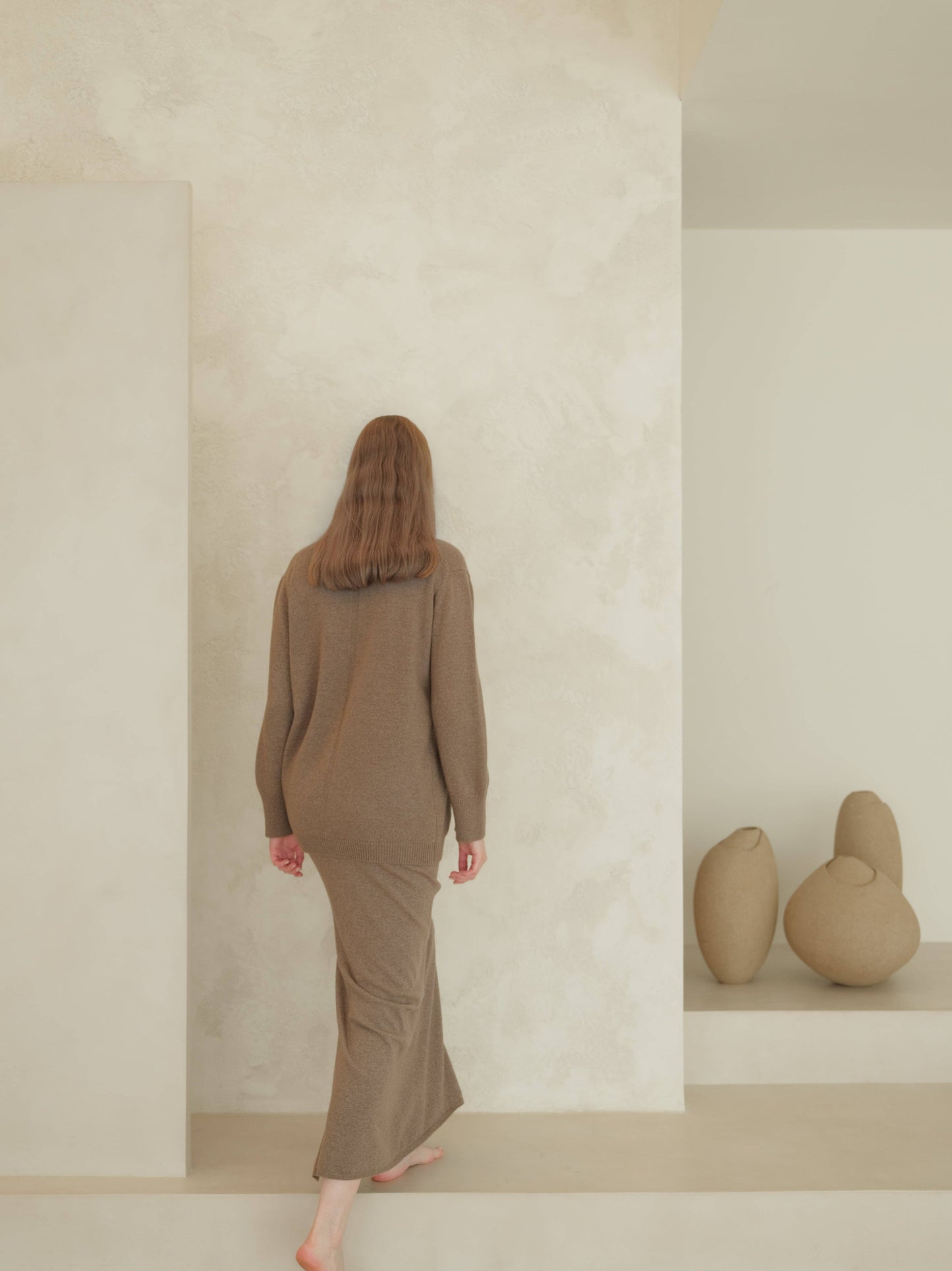 Gonna lunga a vita alta in misto cashmere con spacco laterale in maglia 3D
