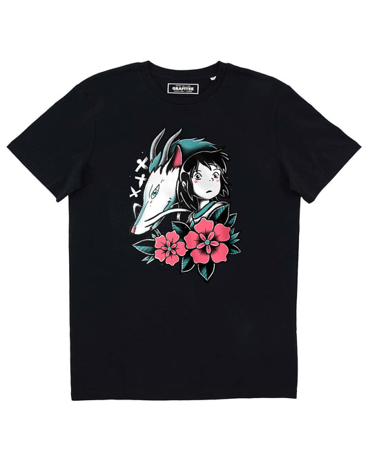 T-shirt unisex nera con stampa “La bambina, il drago e il fiore”