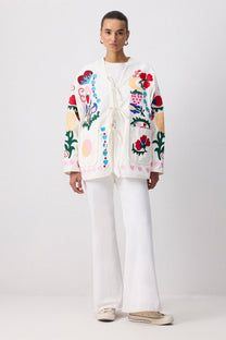Giacca kimono in gabardine con ricami folk