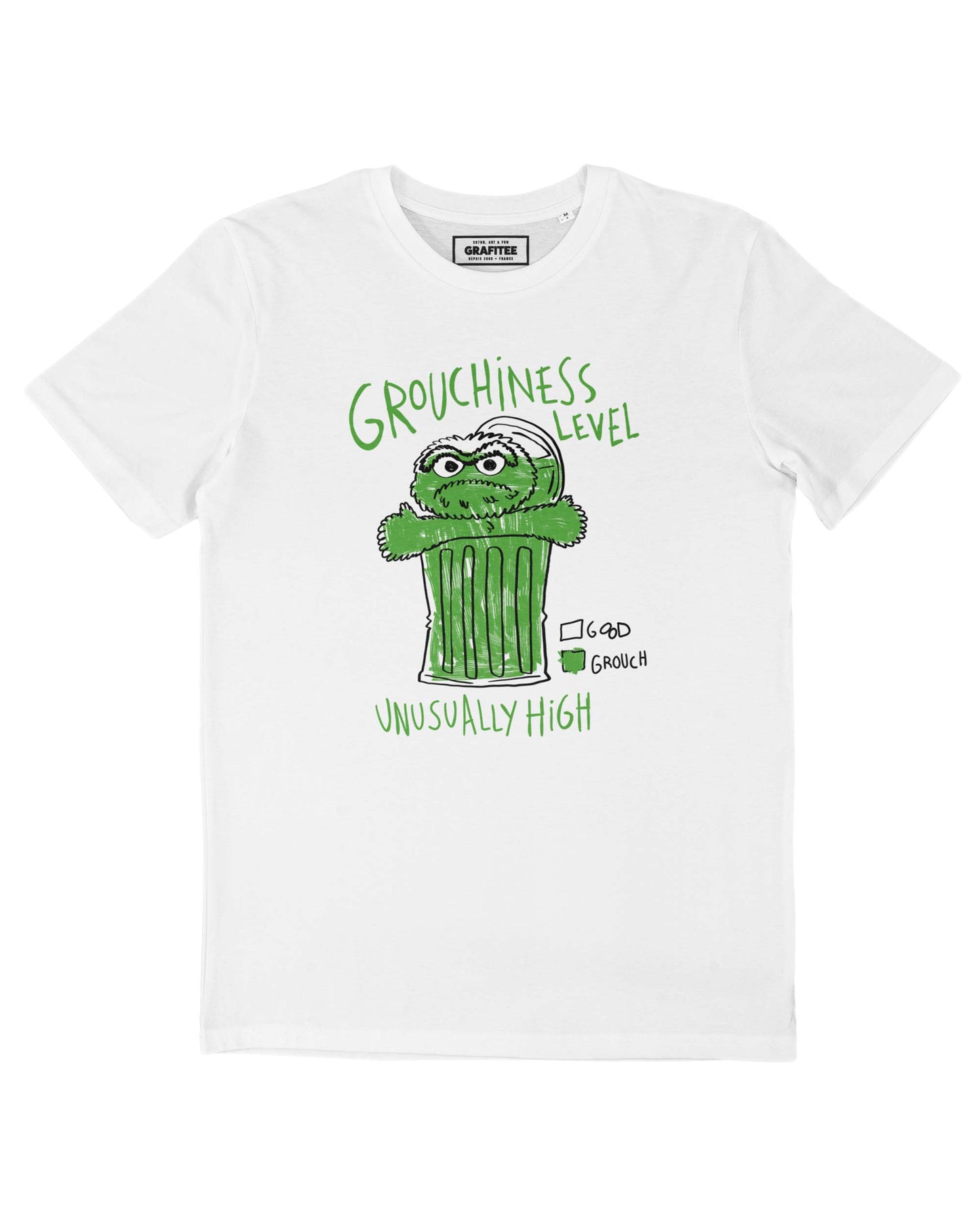 T-shirt unisex in cotone biologico con stampa “Grouchiness Level”