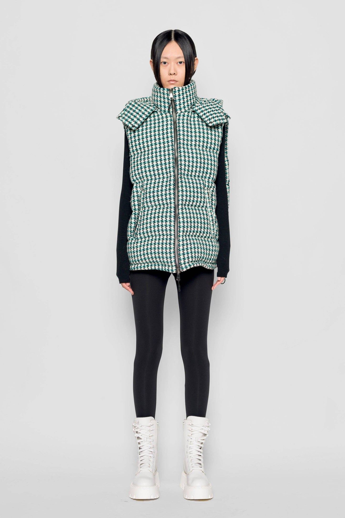 Gilet imbottito tweed con cappuccio rimovibile