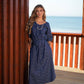 Abito midi blu a micro fiori in cotone