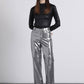 Pantaloni metallizzati argento a vita alta