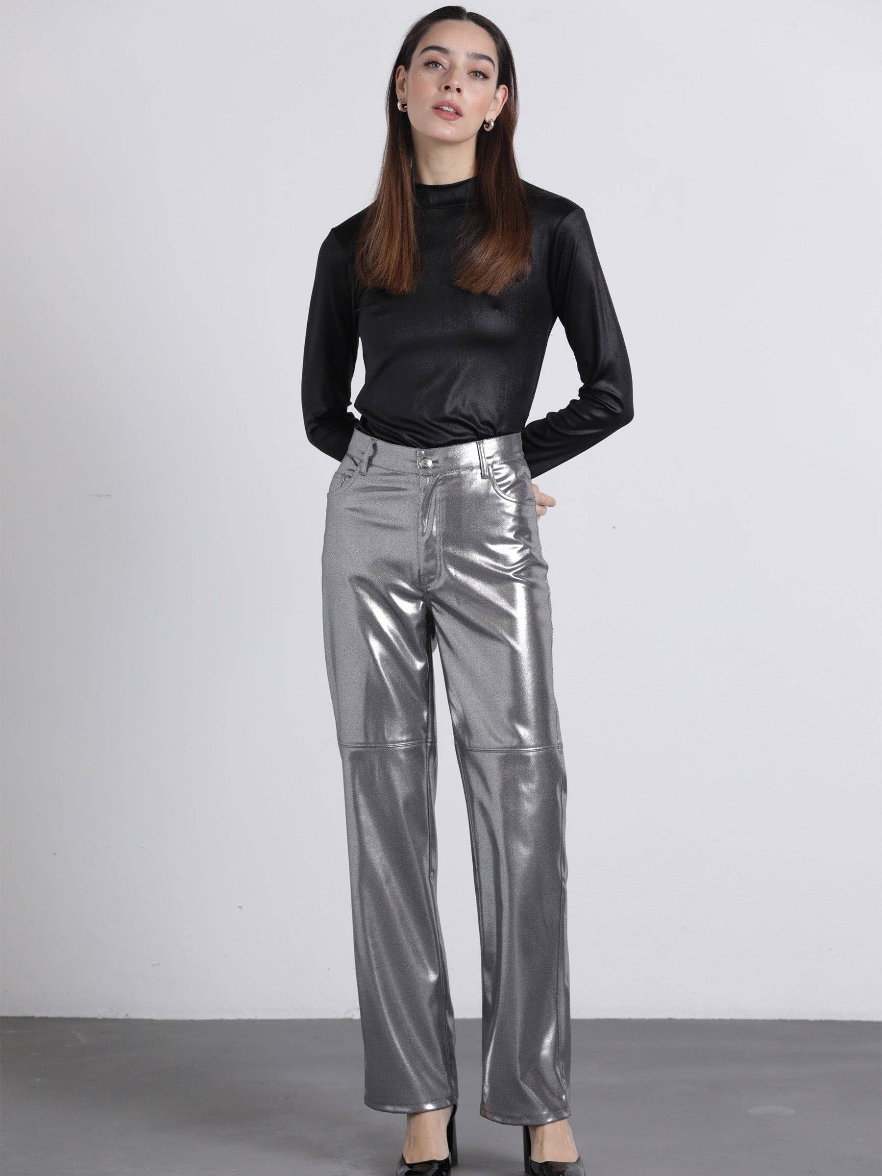 Pantaloni metallizzati argento a vita alta