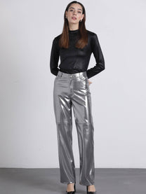 Pantaloni metallizzati argento a vita alta