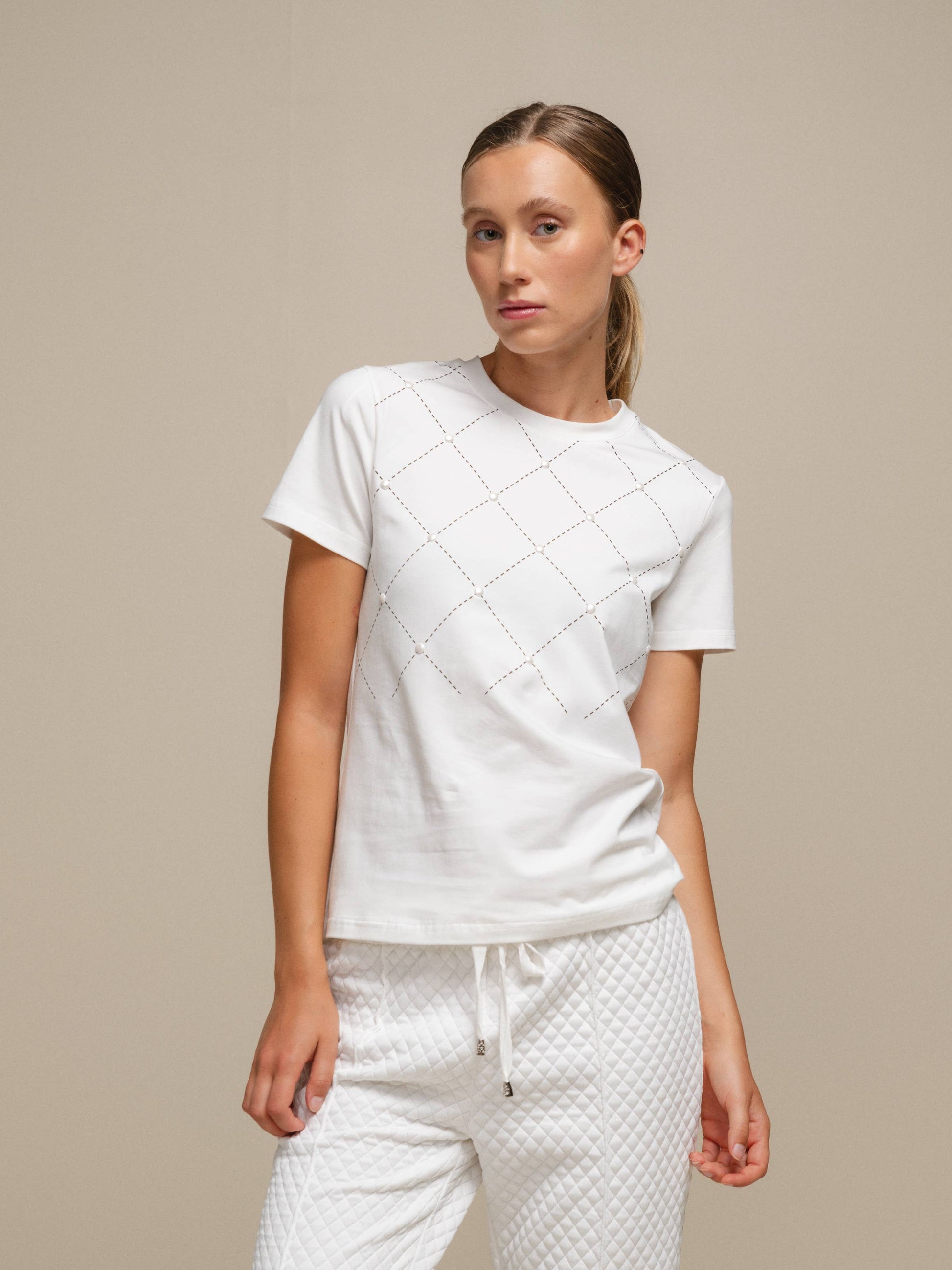 T-shirt Donna in Cotone Elasticizzato con Motivo a Rombi e Perle