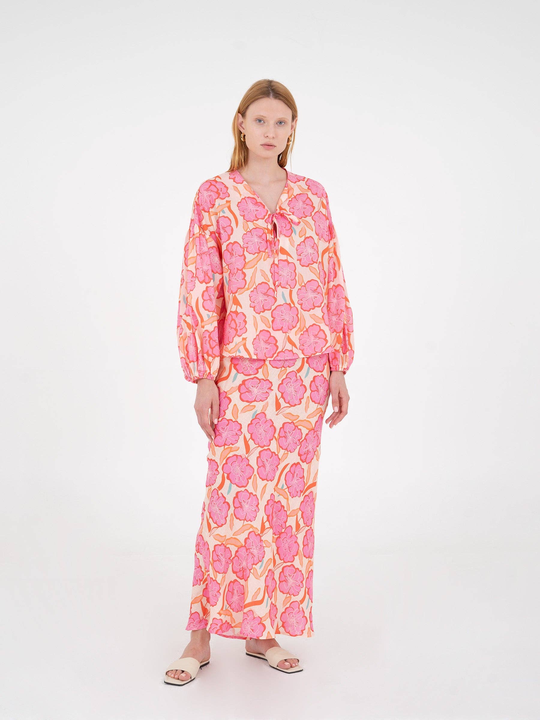 Gonna maxi floreale rosa in lino