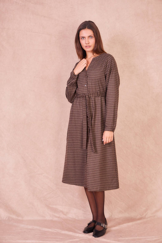 Abito midi a quadri con scollo a V Benjamine