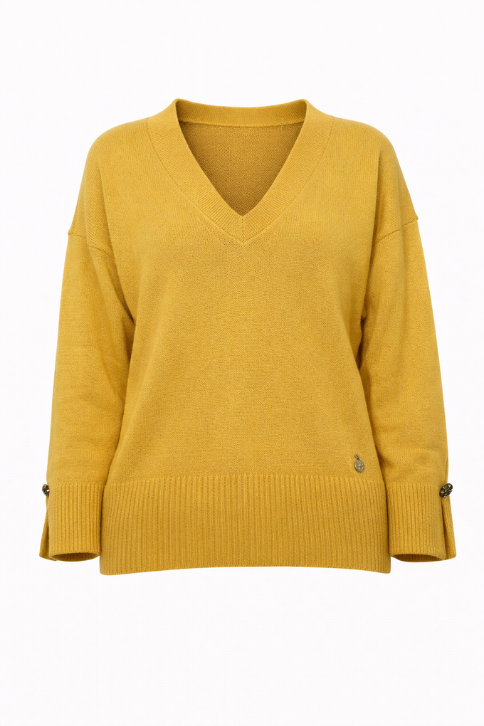 Pullover donna in maglia con scollo a V e polsini con bottoni
