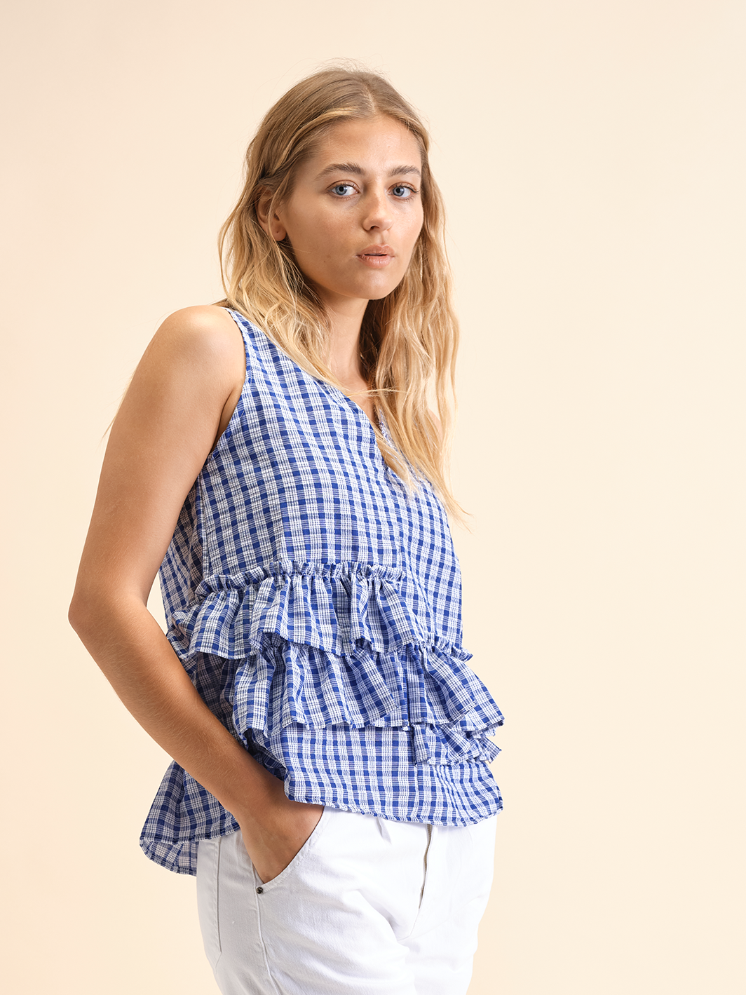 Top vichy a quadretti con balze