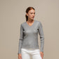 Maglione donna laminato a costine con scollo a V
