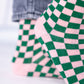 Calzini a scacchi in cotone pettinato verde e rosa