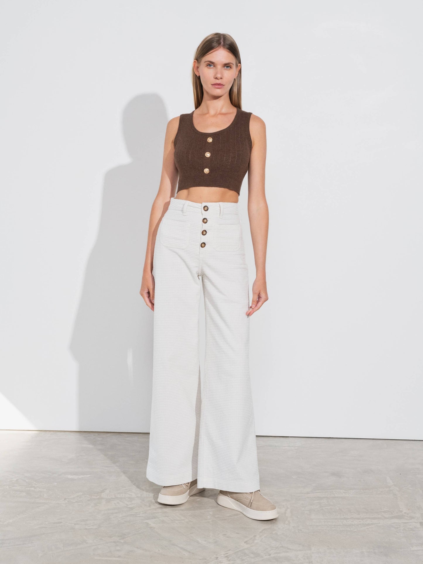 Pantaloni a vita alta a gamba ampia in cotone stretch