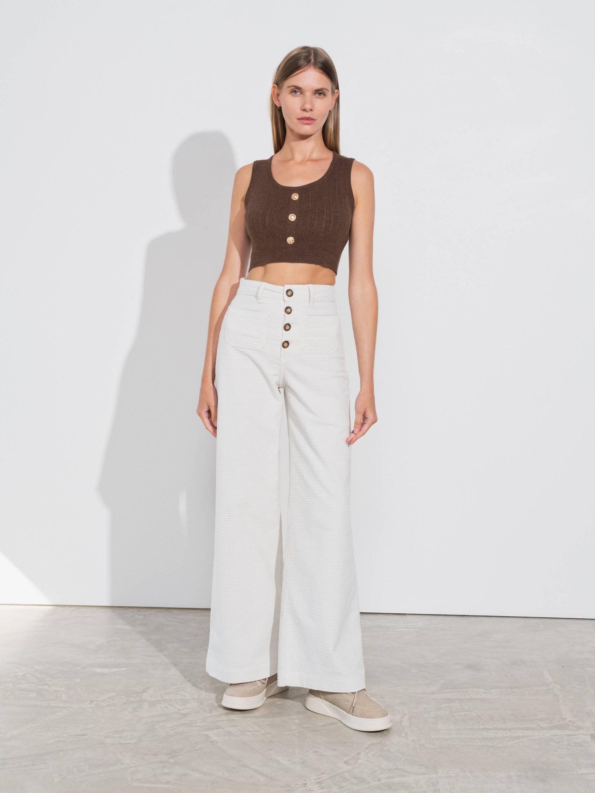 Pantaloni a vita alta a gamba ampia in cotone stretch