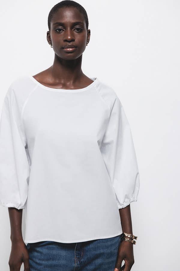 Blusa semplice in cotone con maniche a 3/4 e scollo a barca
