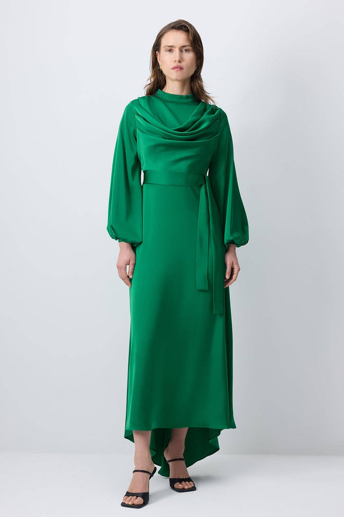 Abito lungo in raso drappeggiato verde smeraldo