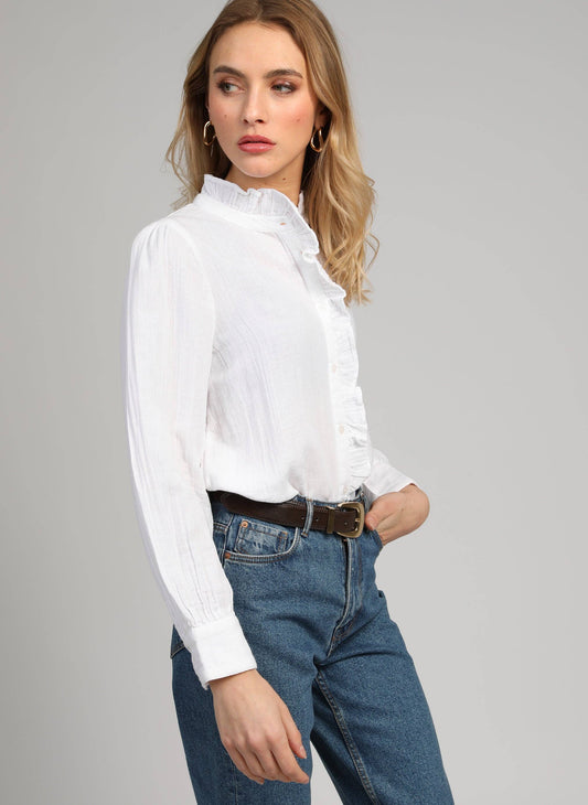 Camicia bianca con rouches e collo alto