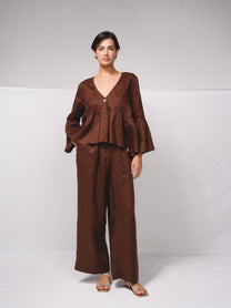 Blusa ampia in lino con scollo a V