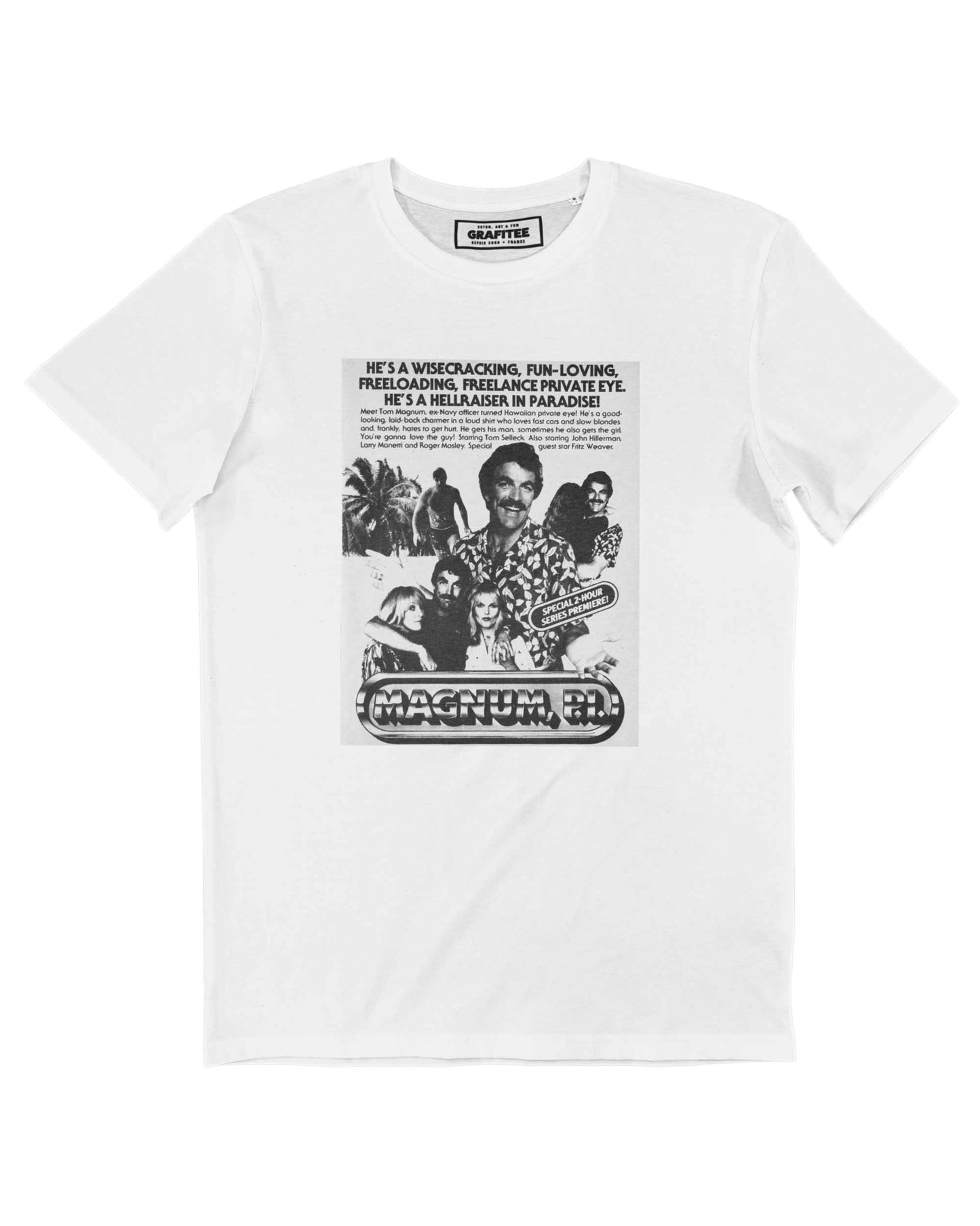 T-shirt Magnum P.I. con grafica poster anni ’80