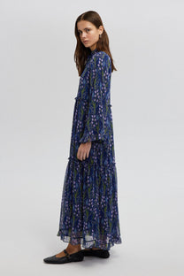 Abito lungo in chiffon floreale con volant stile boho