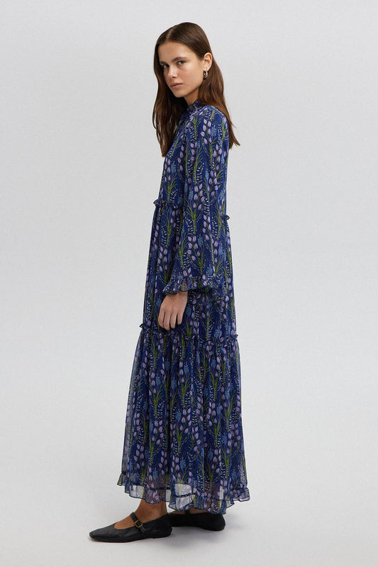 Abito lungo in chiffon floreale con volant stile boho