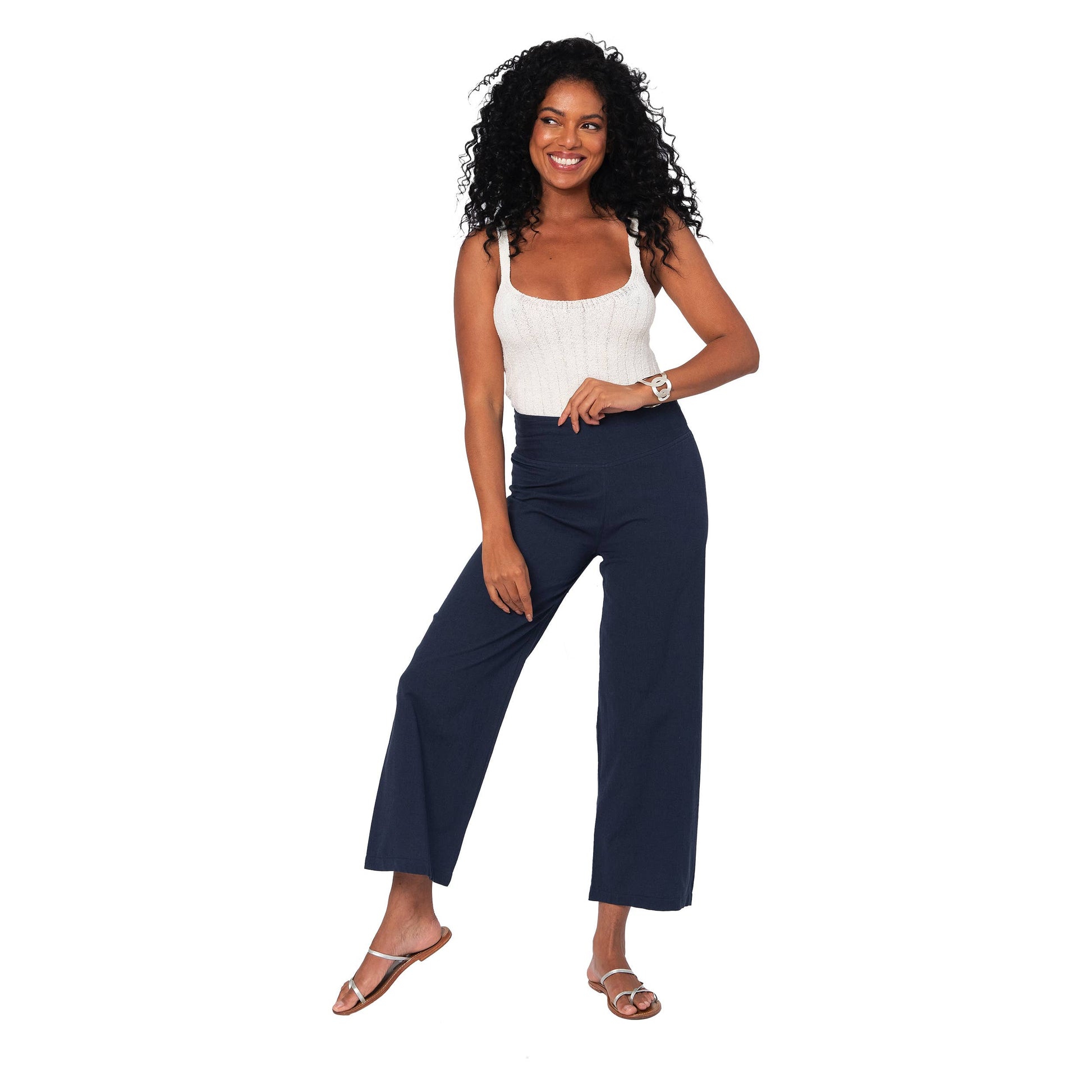 Pantaloni estivi cropped in cotone e lino blu navy
