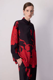 Set camicia e pantaloni palazzo a fiori rossi