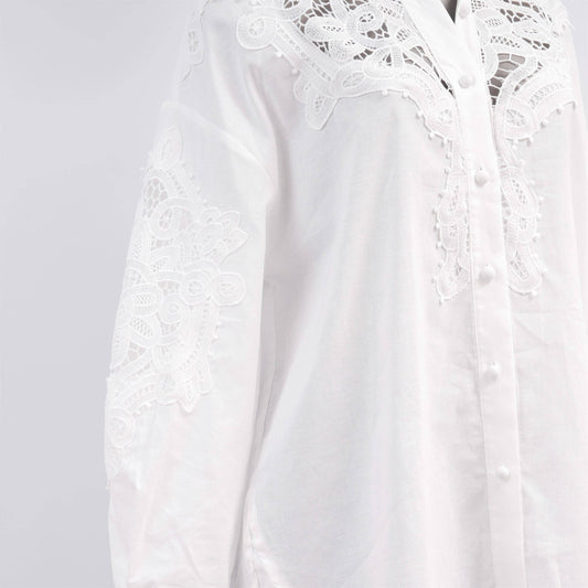 Camicia bianca in cotone e lino con pizzo