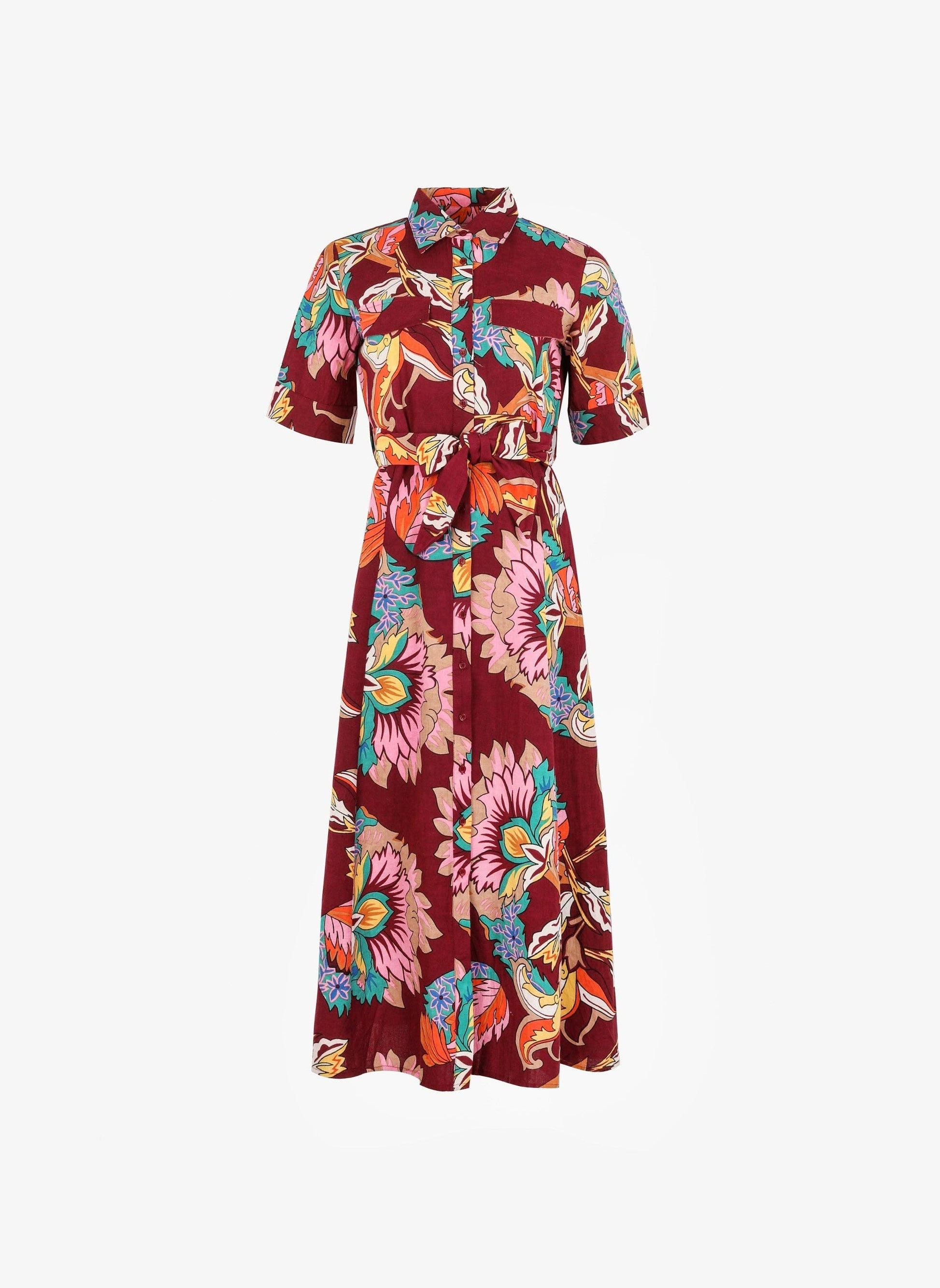 Abito midi in voile di cotone floreale con cintura