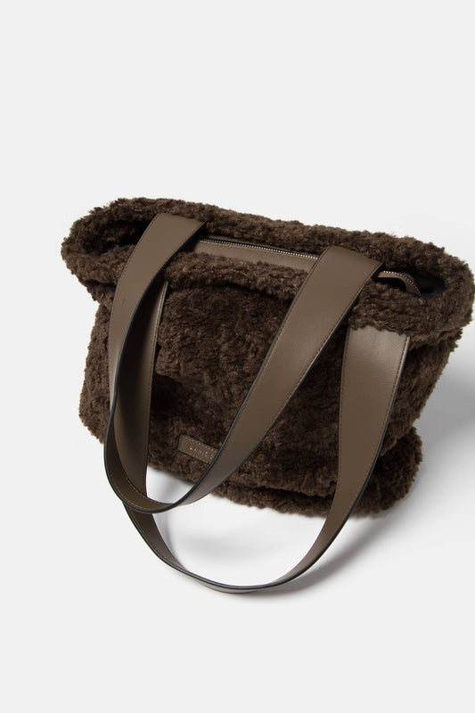 Borsa tote in pelliccia sintetica con zip