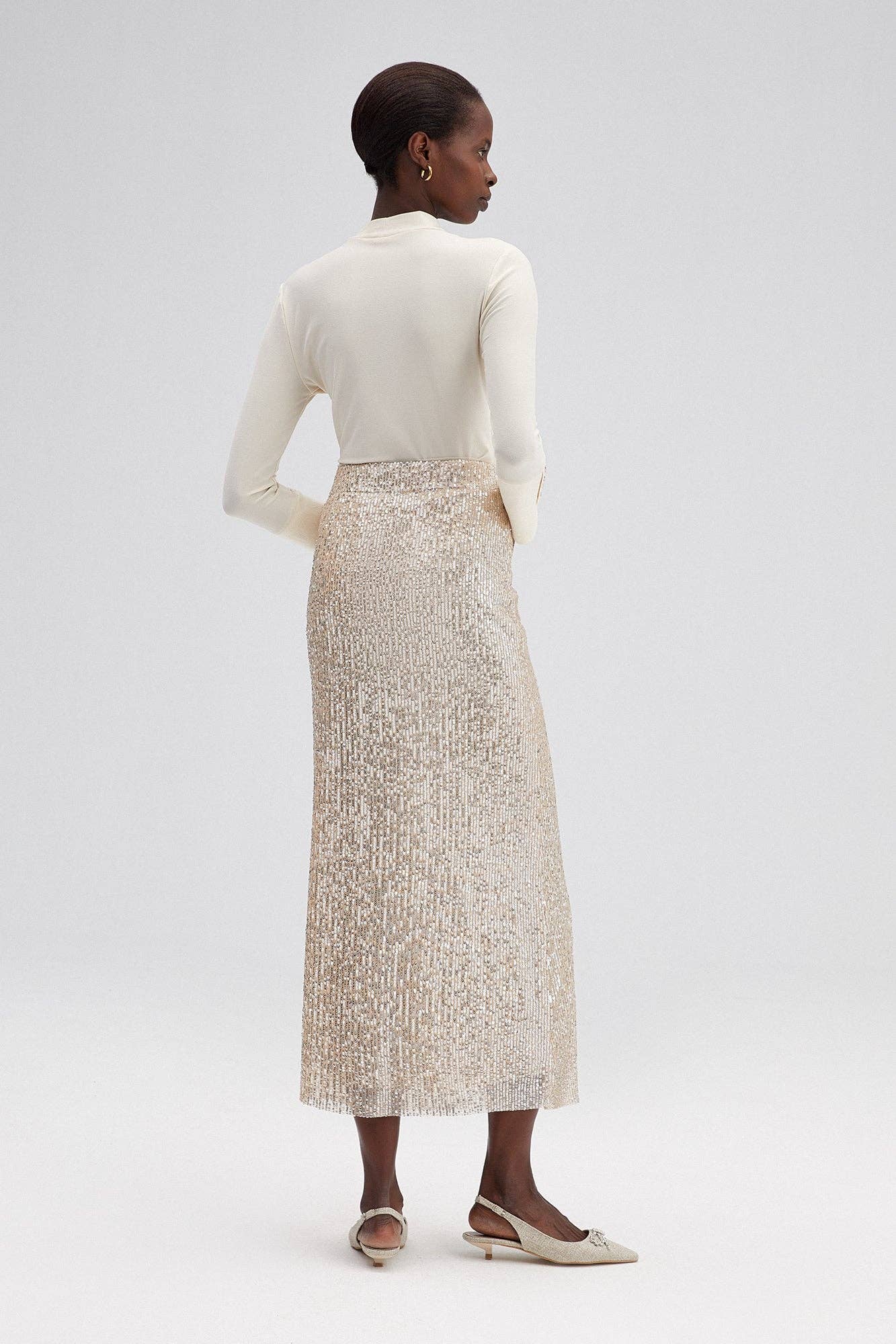 Gonna tubino midi con paillettes argento