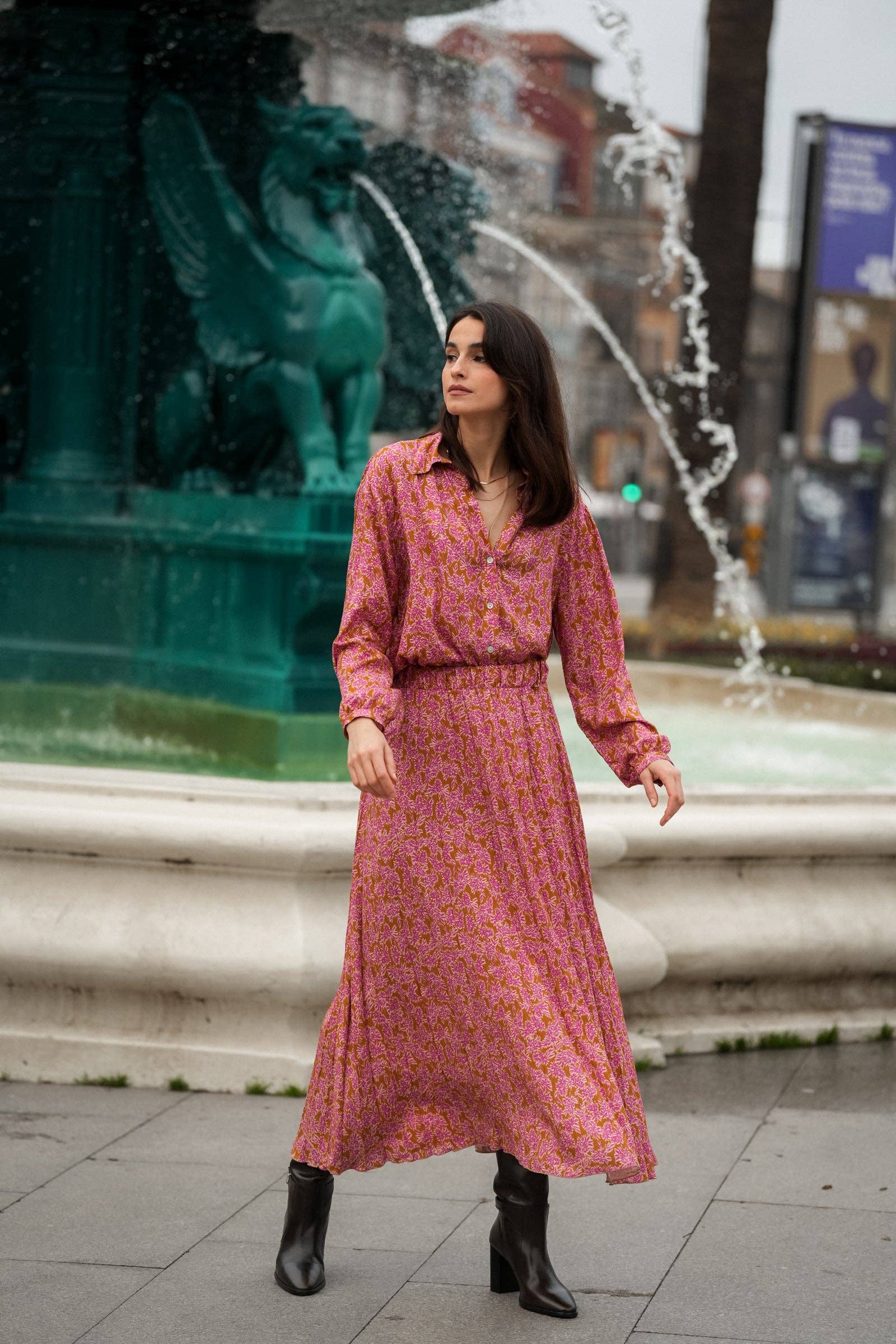 Gonna midi plissettata floreale in viscosa